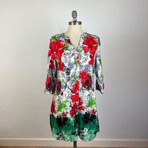 J. Peterman Hibiscus Floral Linen Shirt Dress